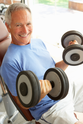 Exercise dumbbells older man fitness