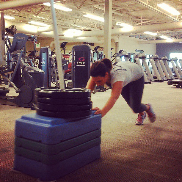 I made this makeshift sled at my last gym. Furniture  sliders and some steps which a pvc pipe to keep the weights in placed. This is conditioning that destroys fat everywhere. 