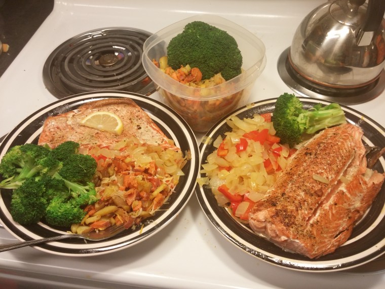Salmon, greens, sweet potatoes, bell pepper, onions.